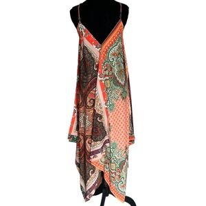 Umgee Boho Mixed Print Flowy Asymmetrical Dress V Neck Large Resort